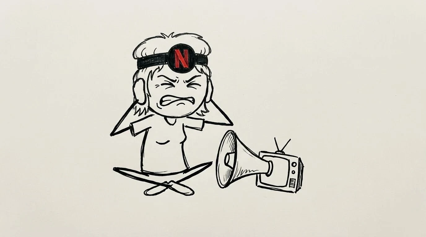 헝클어진 머리의 사람이 거대한 확성기가 달린 작은 텔레비전 앞에서 짜증 난 표정으로 양쪽 귀를 막습니다.