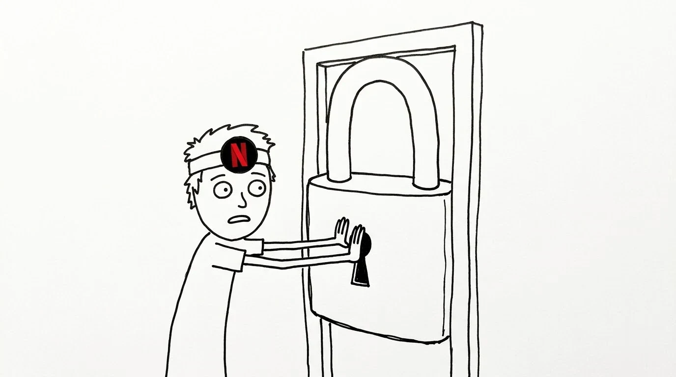 A baffled person pushes against a doorway filled by a giant padlock.