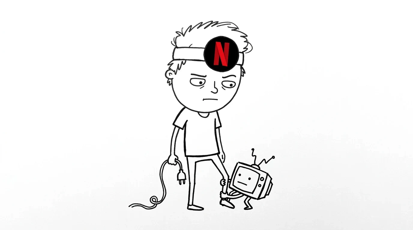 A skeptical person holds an unplugged cord as a tiny television clings to their ankle.