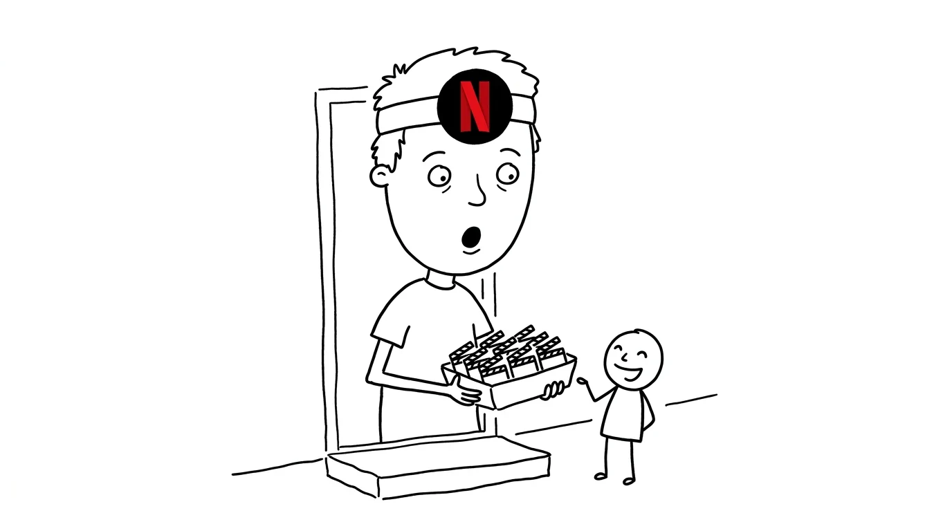 A surprised person receives a small basket of ten tiny clapperboard biscuits from a cheerful delivery person.