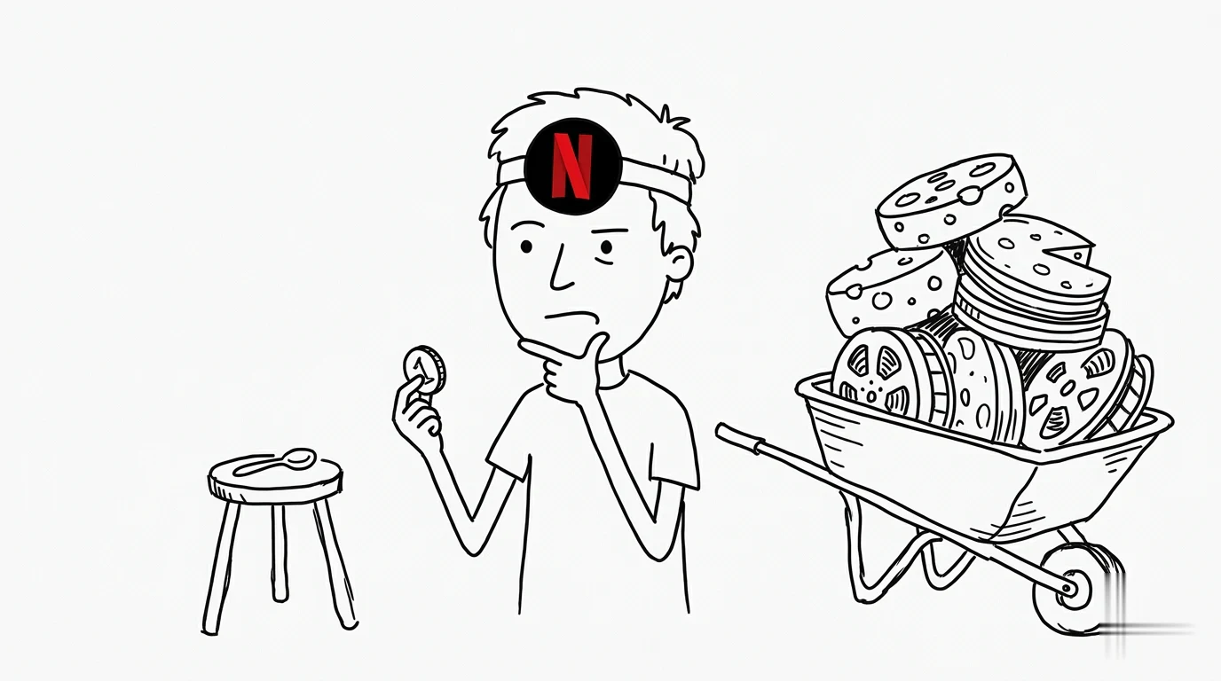 A thoughtful person weighs a tiny tasting spoon against a wheelbarrow heaped with film-reel cheese wheels.