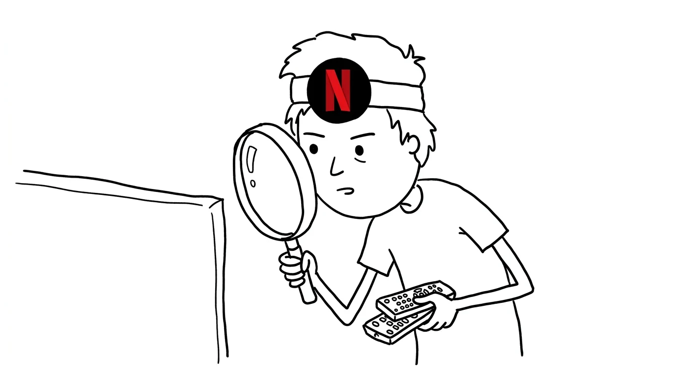 A person inspecting a blank television with a large magnifying glass while holding two remote controls.