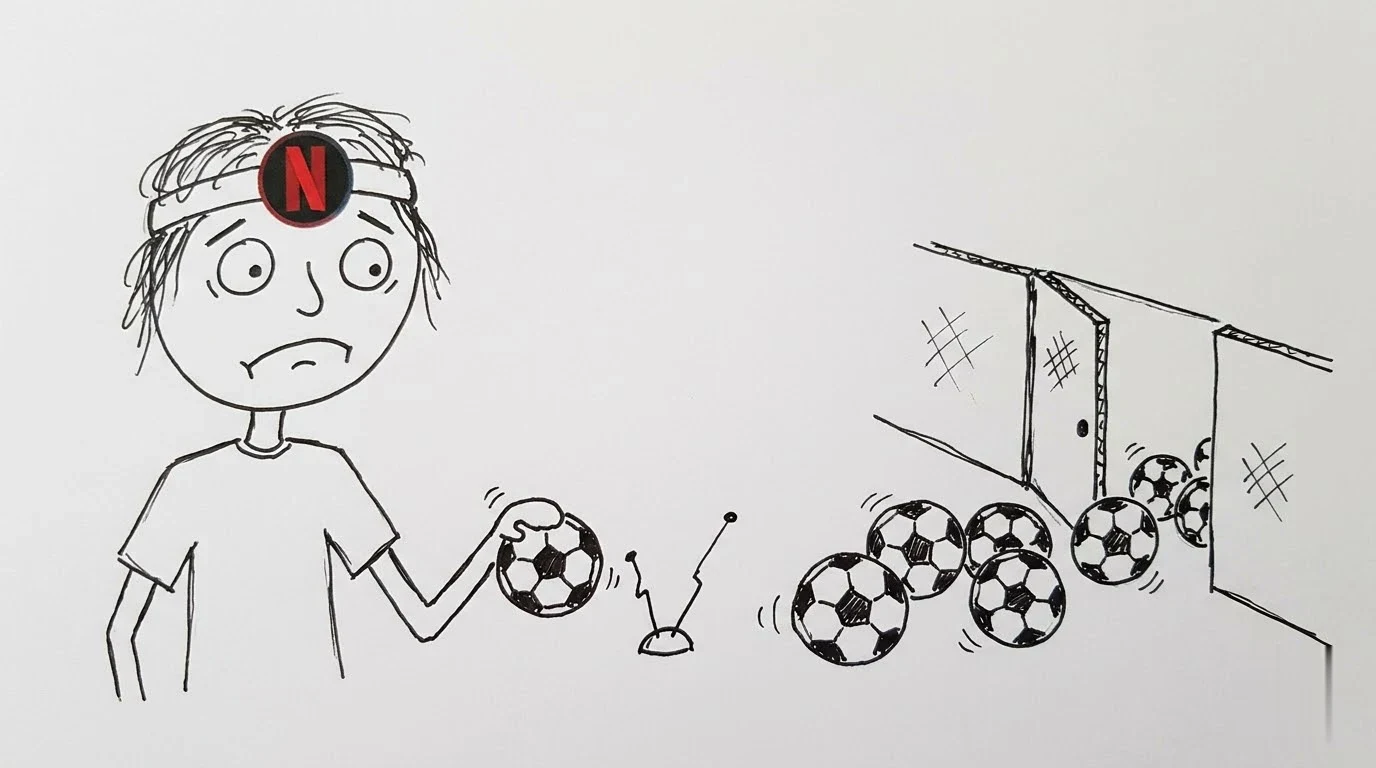 A baffled person watches most soccer balls roll away behind a gate.