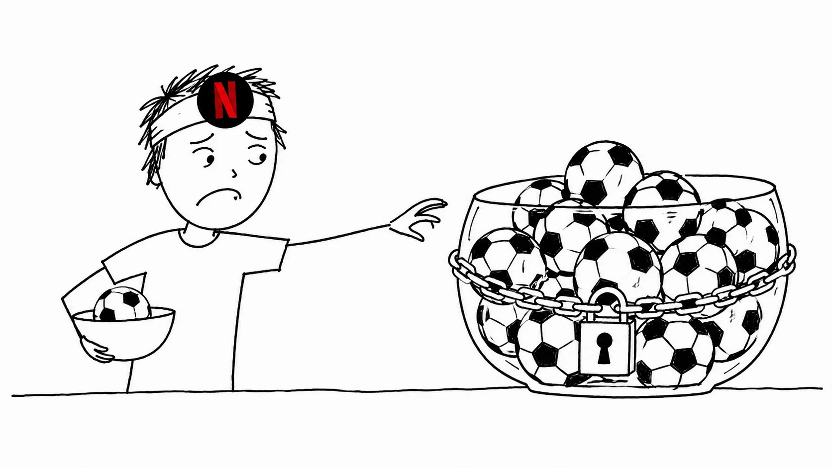 A reluctant person compares a small free bowl with a larger locked bowl of soccer balls.