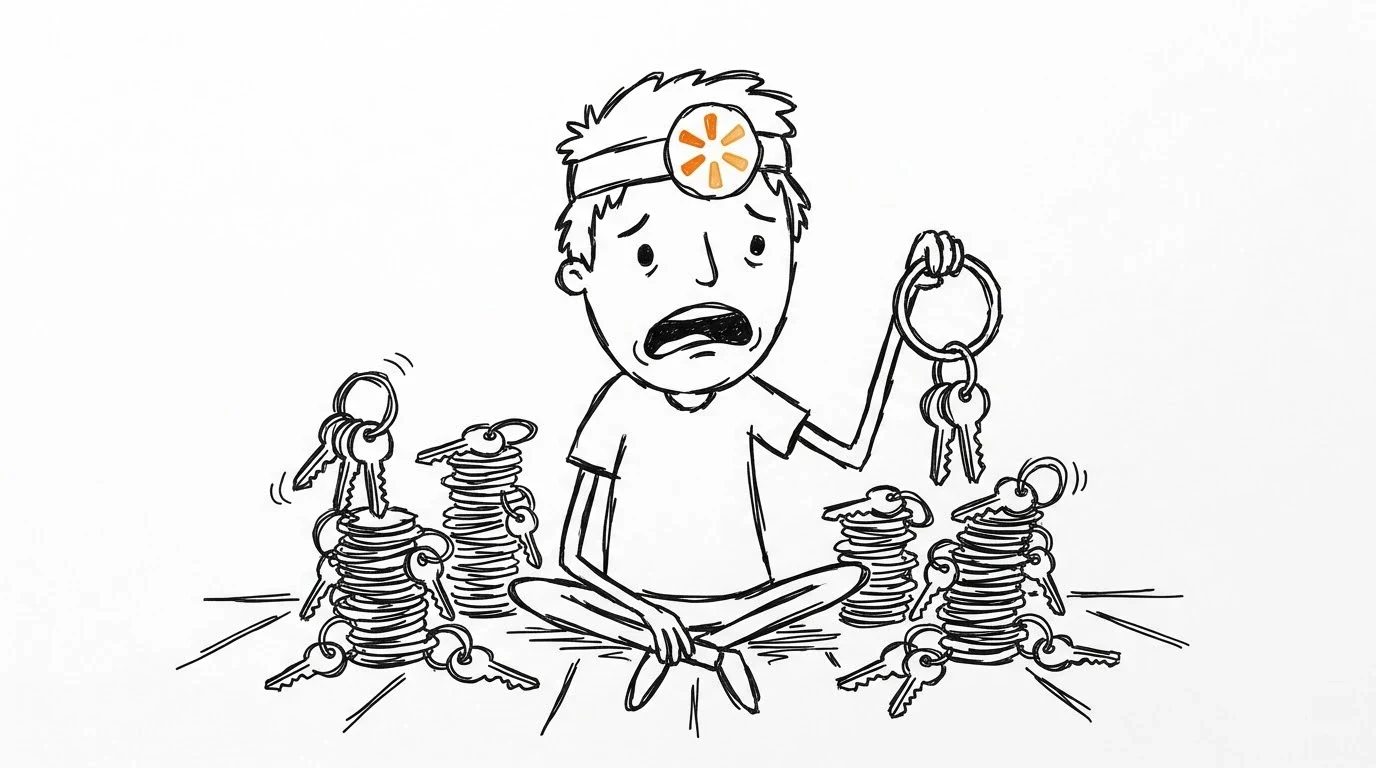 A person with messy hair sits among a pile of separate keys, holding up one large ring for all of them.