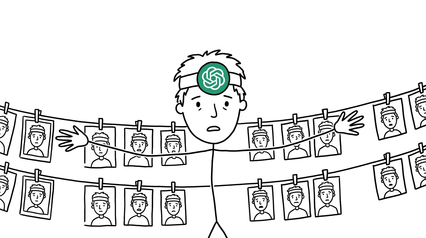 헝클어진 머리의 사람이 당황한 표정으로 빨랫줄에 걸린 자기 사진들을 양팔로 가리려 합니다.