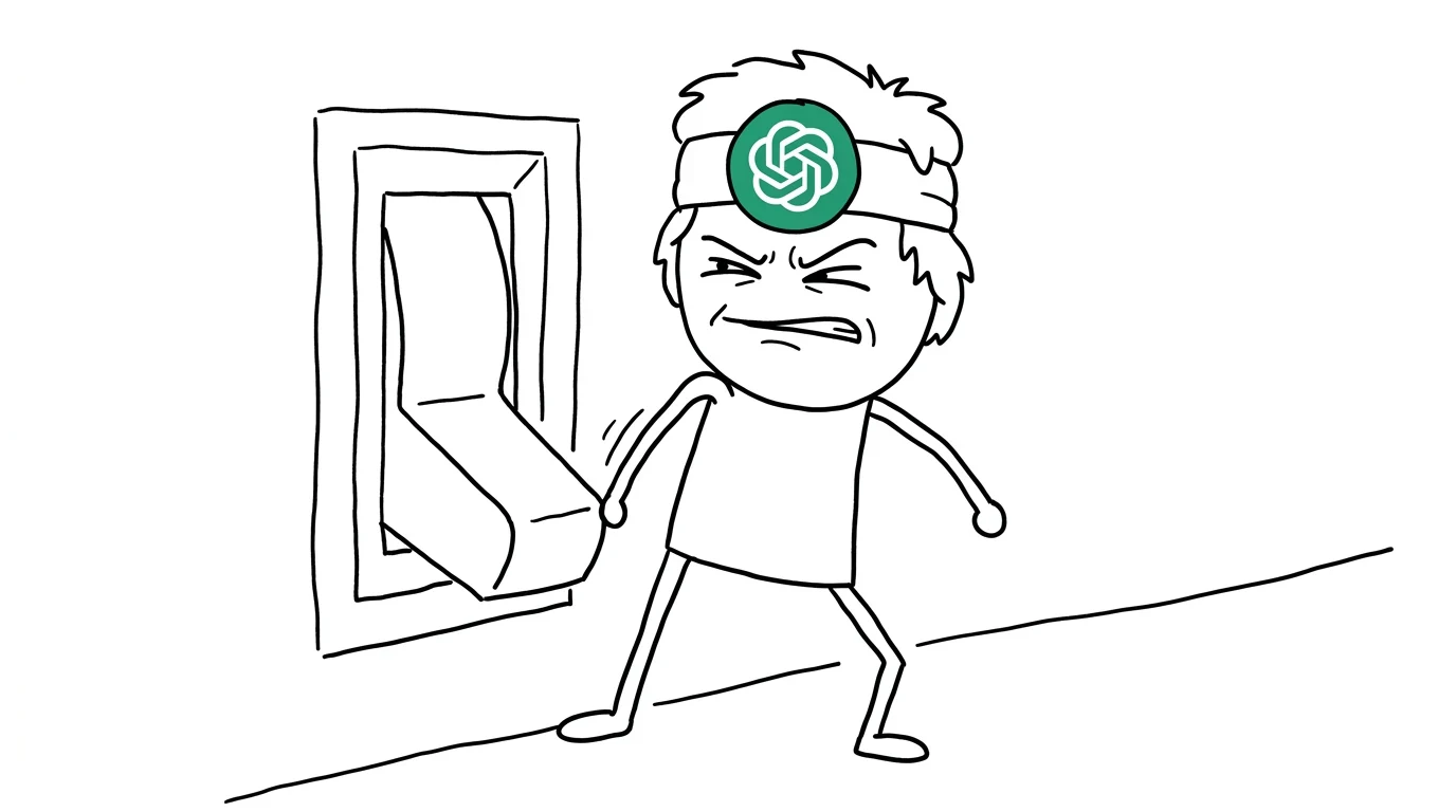 헝클어진 머리의 사람이 결연한 표정으로 거대한 설정 스위치를 어깨로 밀어 끄려 합니다.