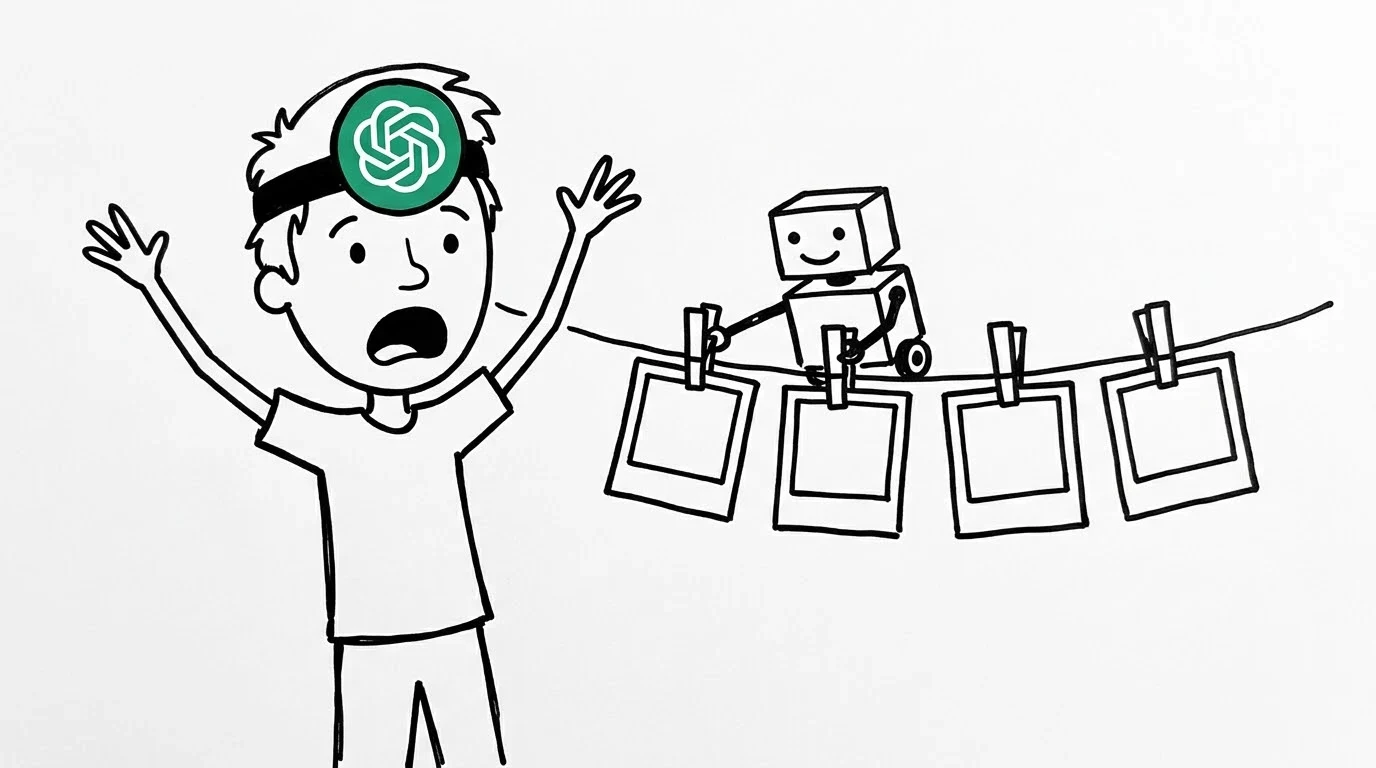 A shocked person watches a small robot hang a row of framed photos on a clothesline for everyone to see.