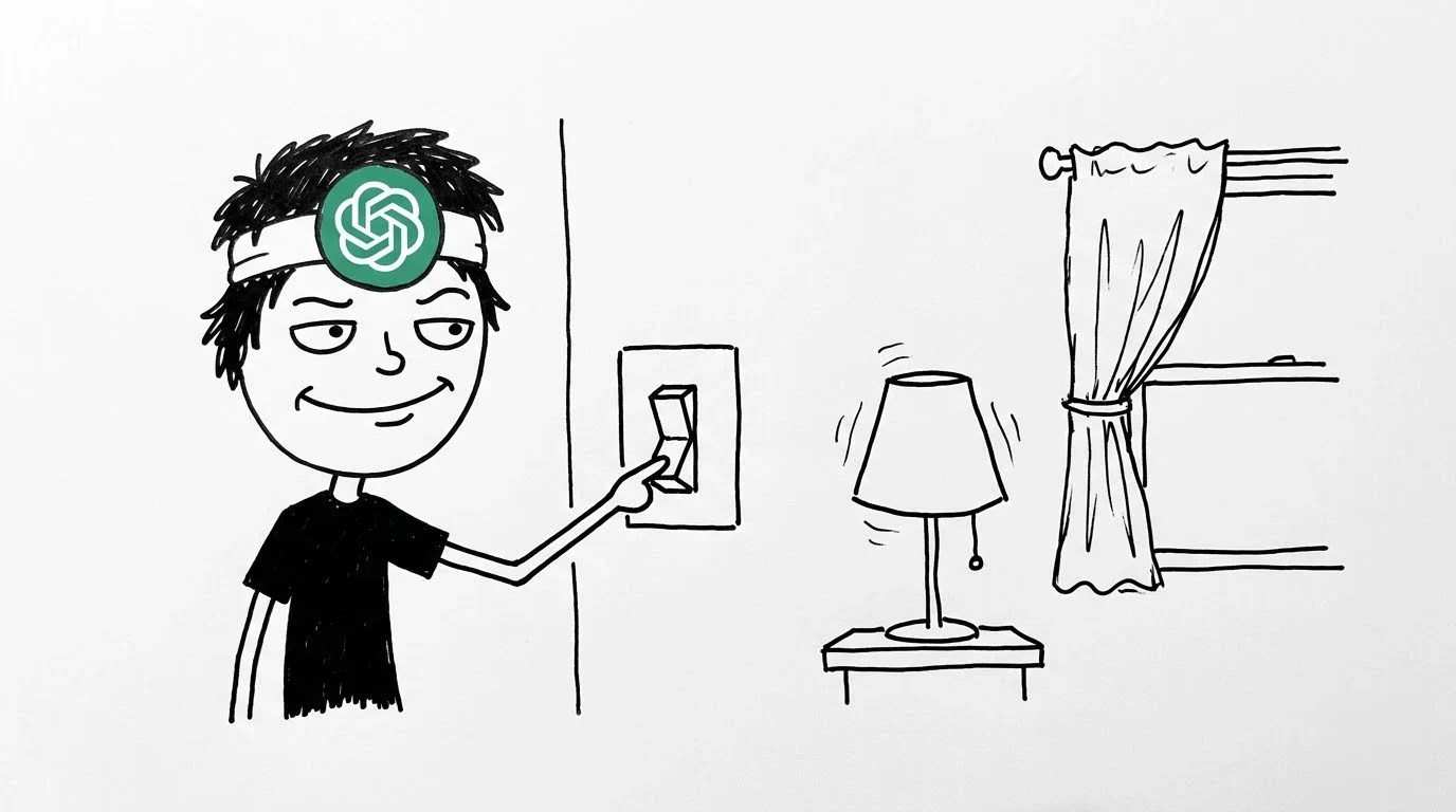A smug person flips a big wall switch off, and a nearby lamp goes dark and a small curtain closes.