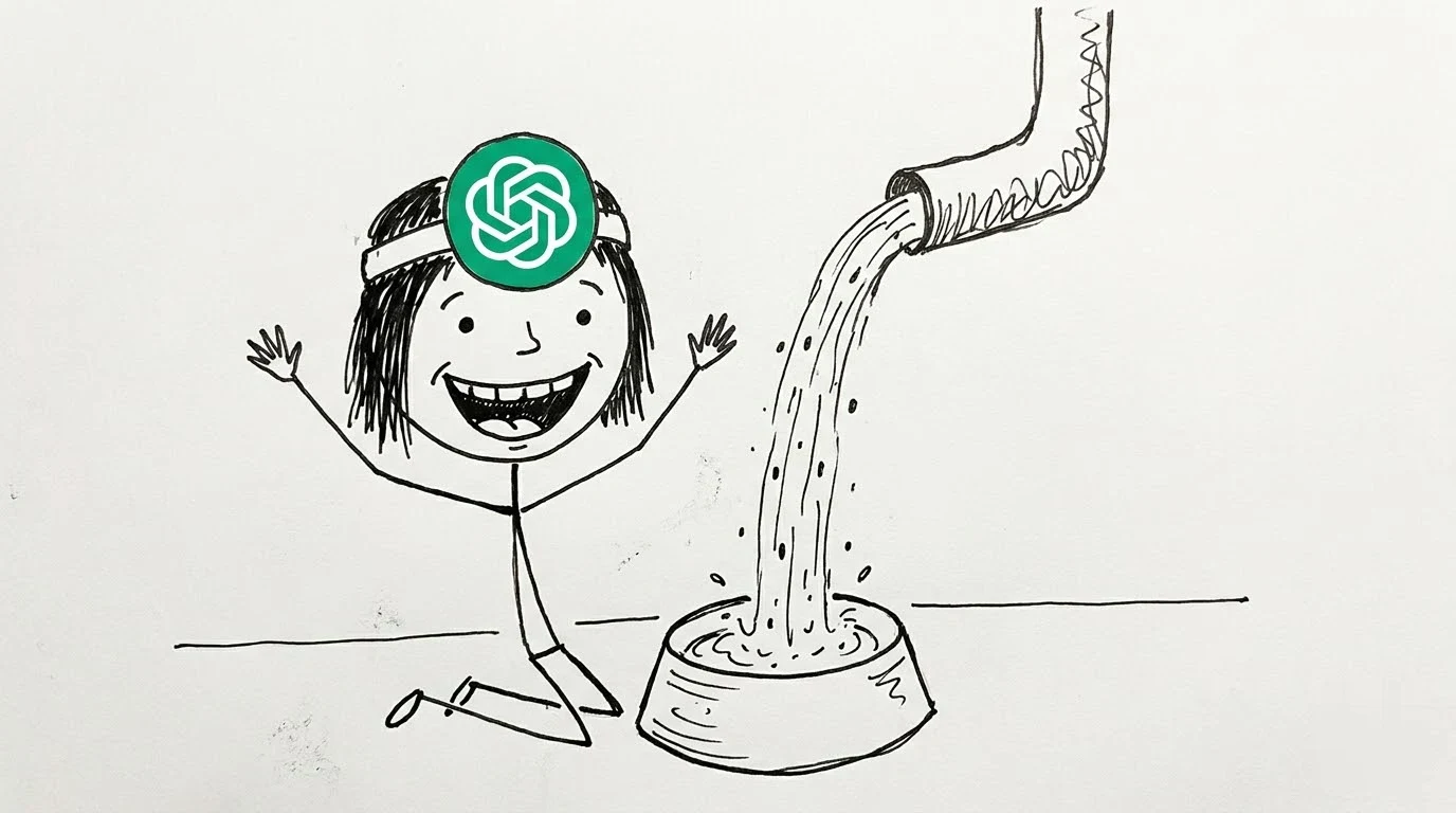 A delighted messy-haired person watches an empty bowl refill from a bent pipe.