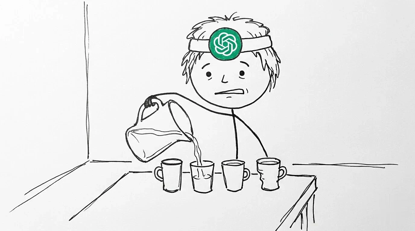 A cautious messy-haired person divides a pitcher among mismatched cups.