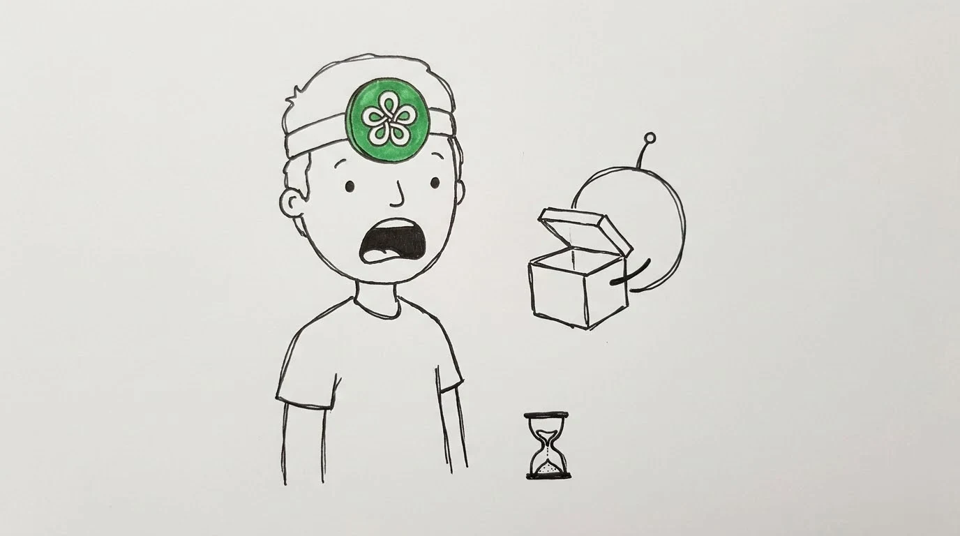 A shocked person beside a floating glowing dot holding a gift box, with an hourglass running low nearby.