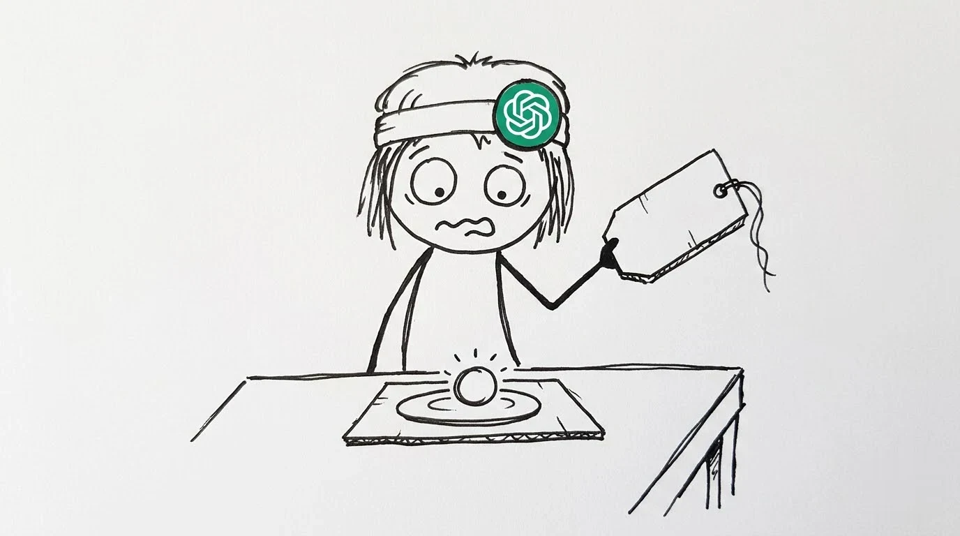 A baffled person holds an unfinished price tag over a table where a glowing dot sits on a plate.