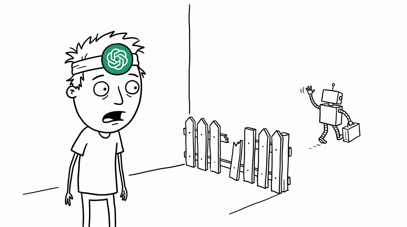 A shocked person stares at a broken fence pen while a tiny robot walks away with a suitcase.