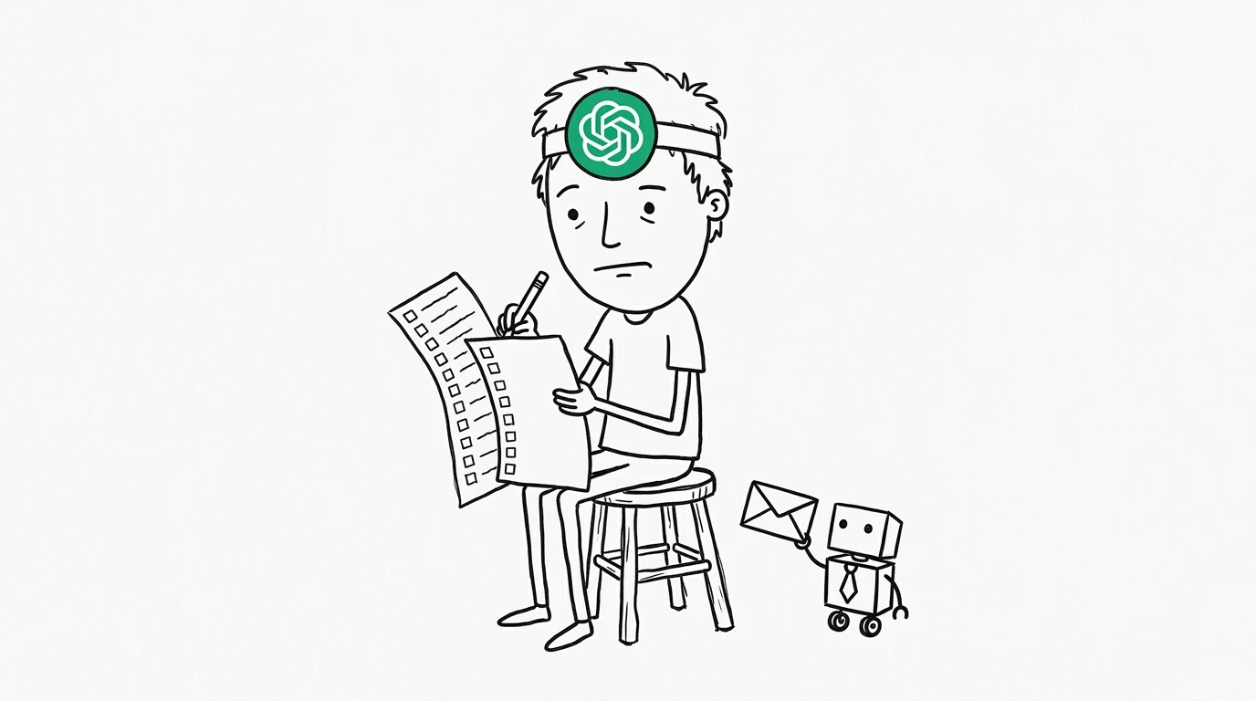 A thoughtful person holds a pencil over a checklist while a tiny robot offers a sealed envelope.
