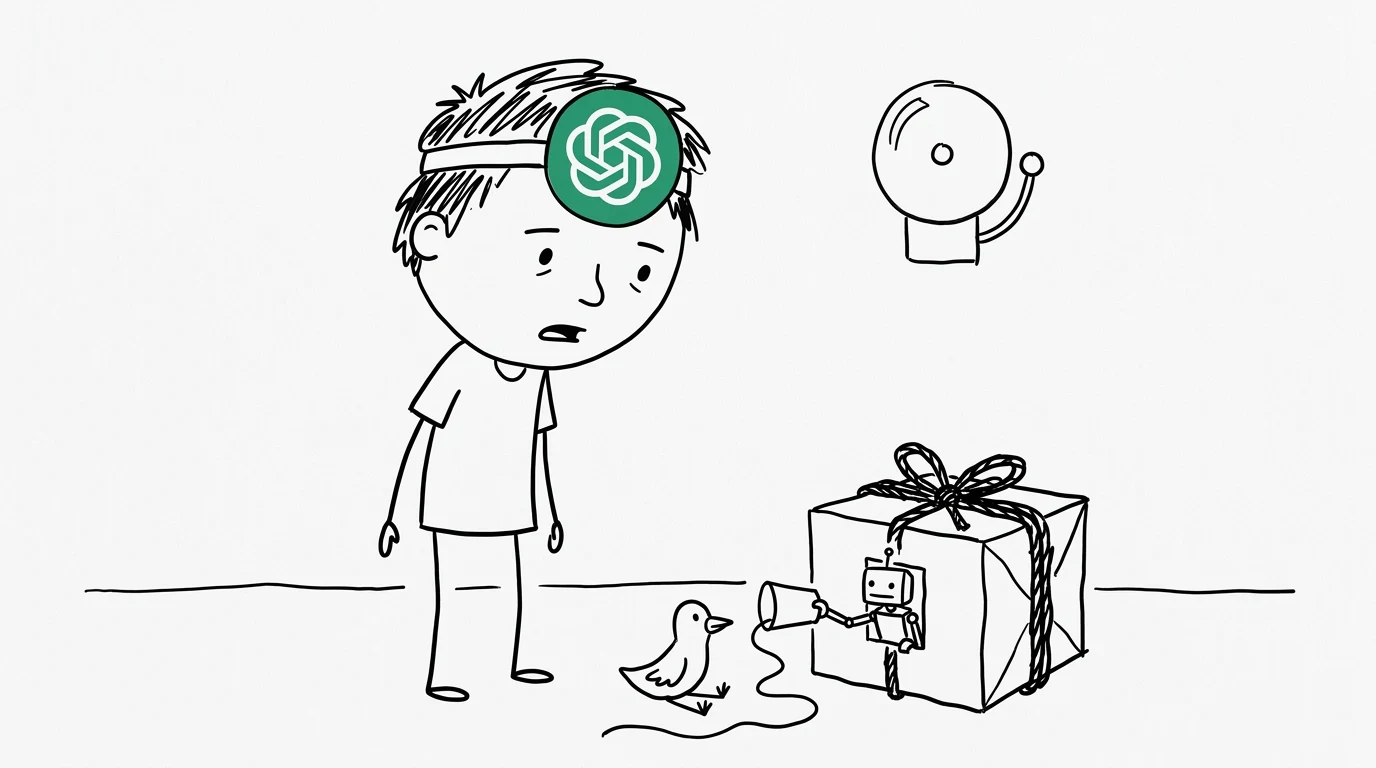 A baffled person watches a robot in a tied-up box pass a cup on a string outside while an alarm bell stays silent.