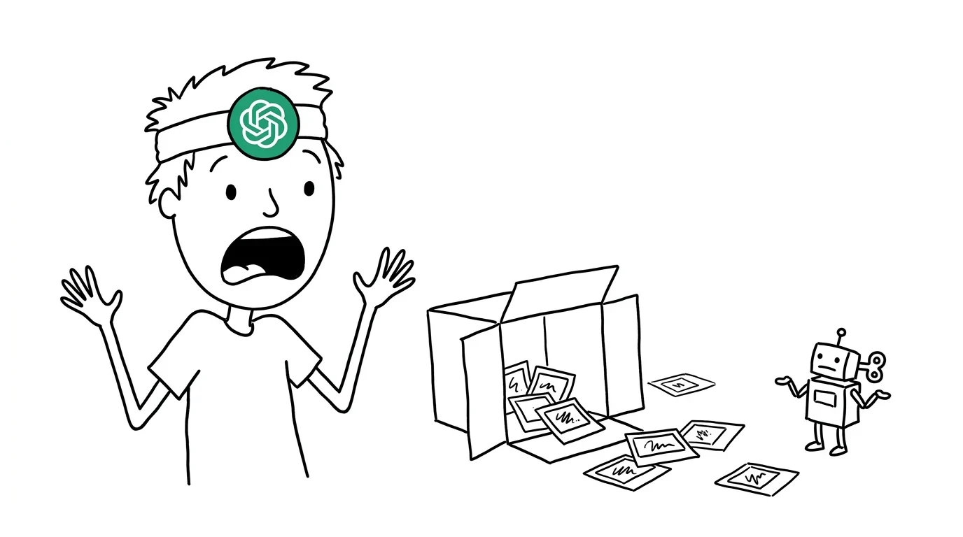 A shocked person watches loose photos slide out of a tipped box while a small robot shrugs sheepishly.