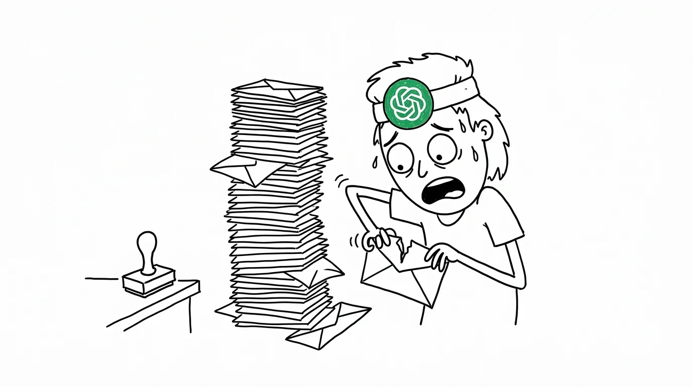 A panicking person digs through a tall stack of unlabeled envelopes, searching for one that might be theirs.