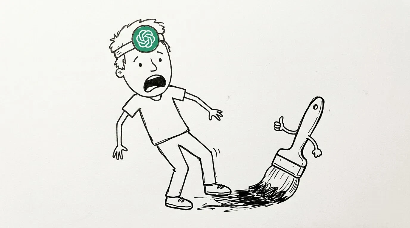 A shocked person watches a paintbrush smear their shoes while giving a thumbs-up.