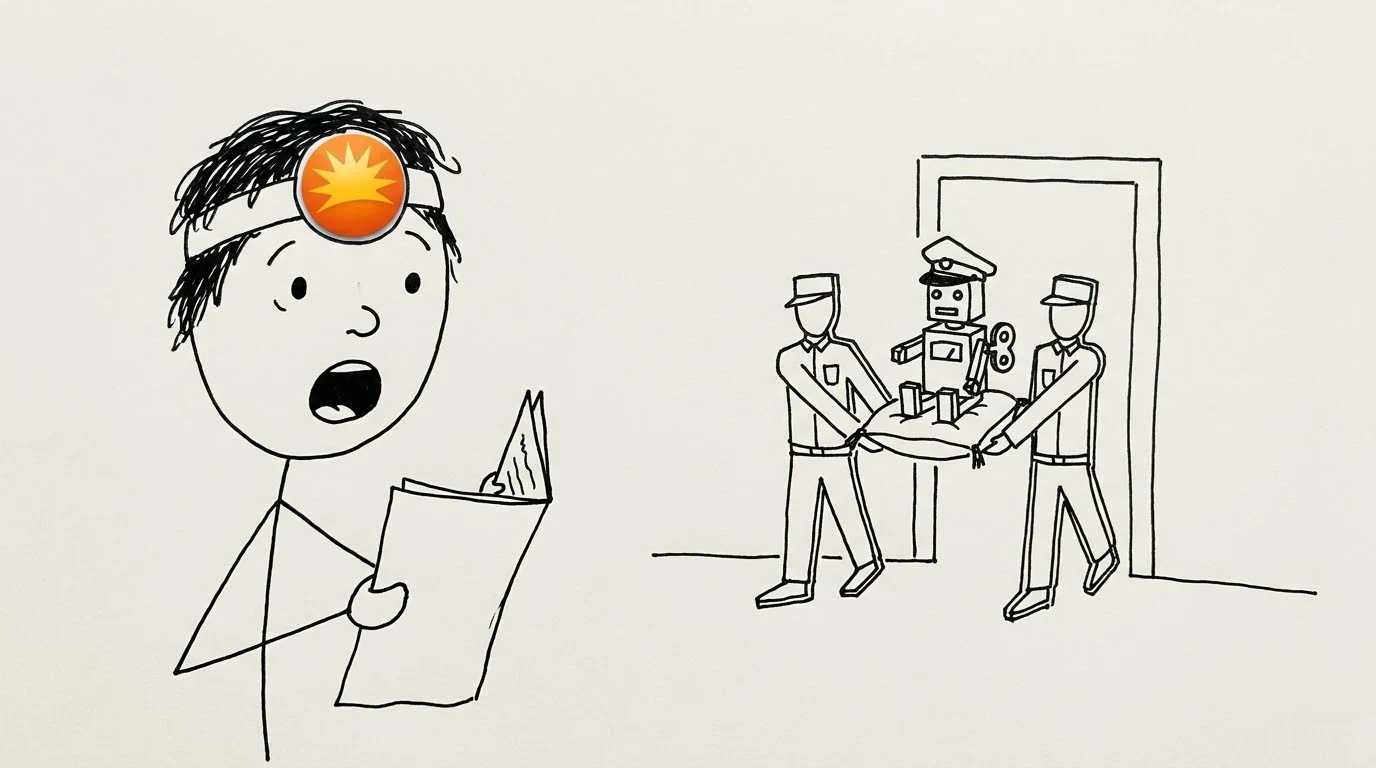 A shocked person watches cardboard soldiers carry a small robot in a cap out the door.