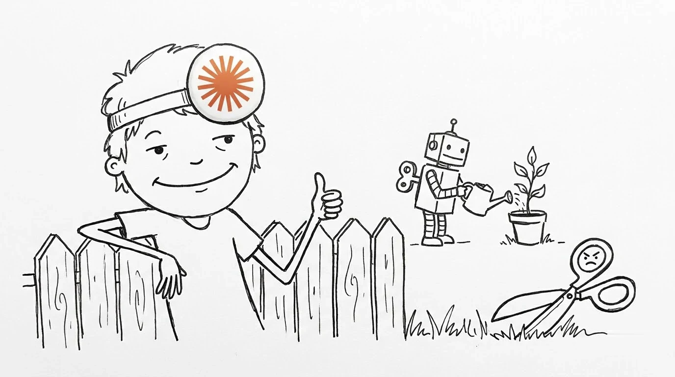 A smug person gives a thumbs-up while a small robot calmly waters a plant behind them.