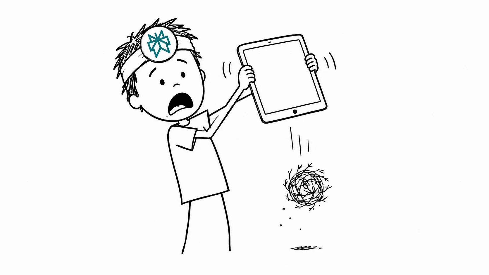 A shocked person with messy hair shakes a tablet, and a tumbleweed falls from its blank screen.
