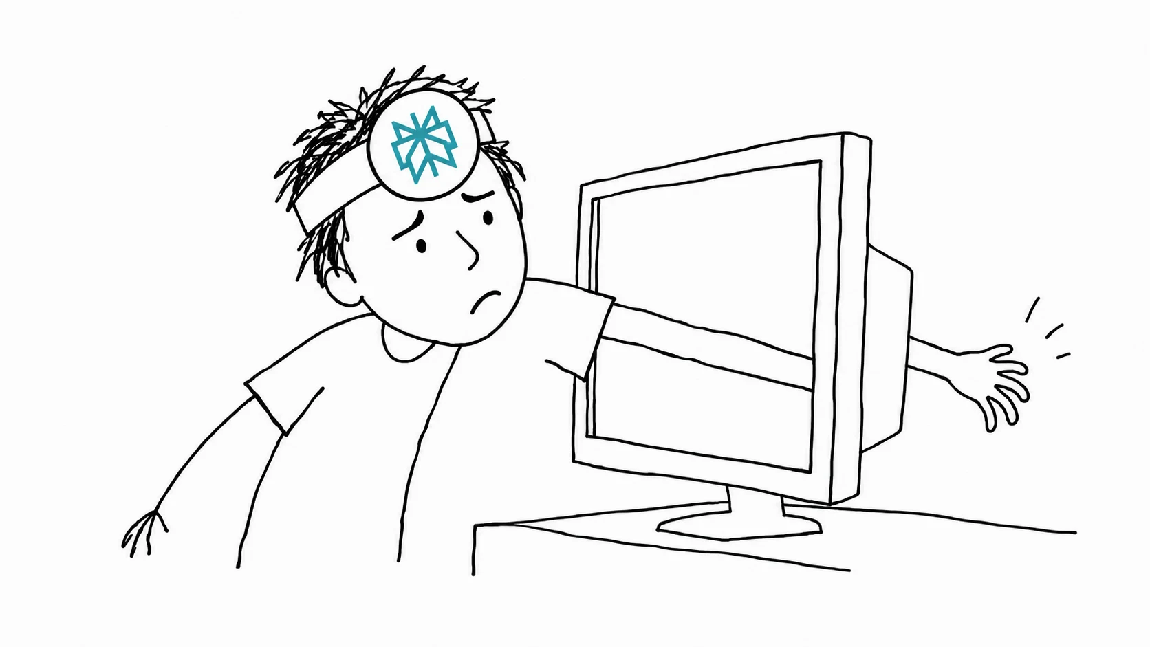 A puzzled person reaches through an empty computer monitor frame.