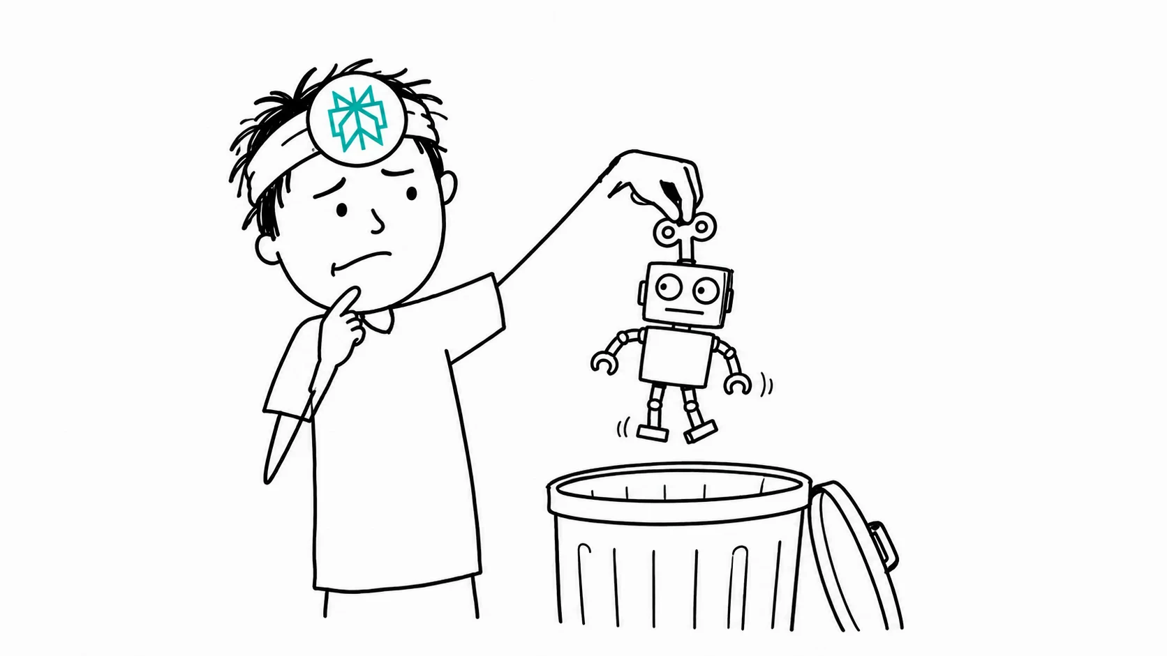 An indecisive person holds a windup robot by its key above an open trash can.