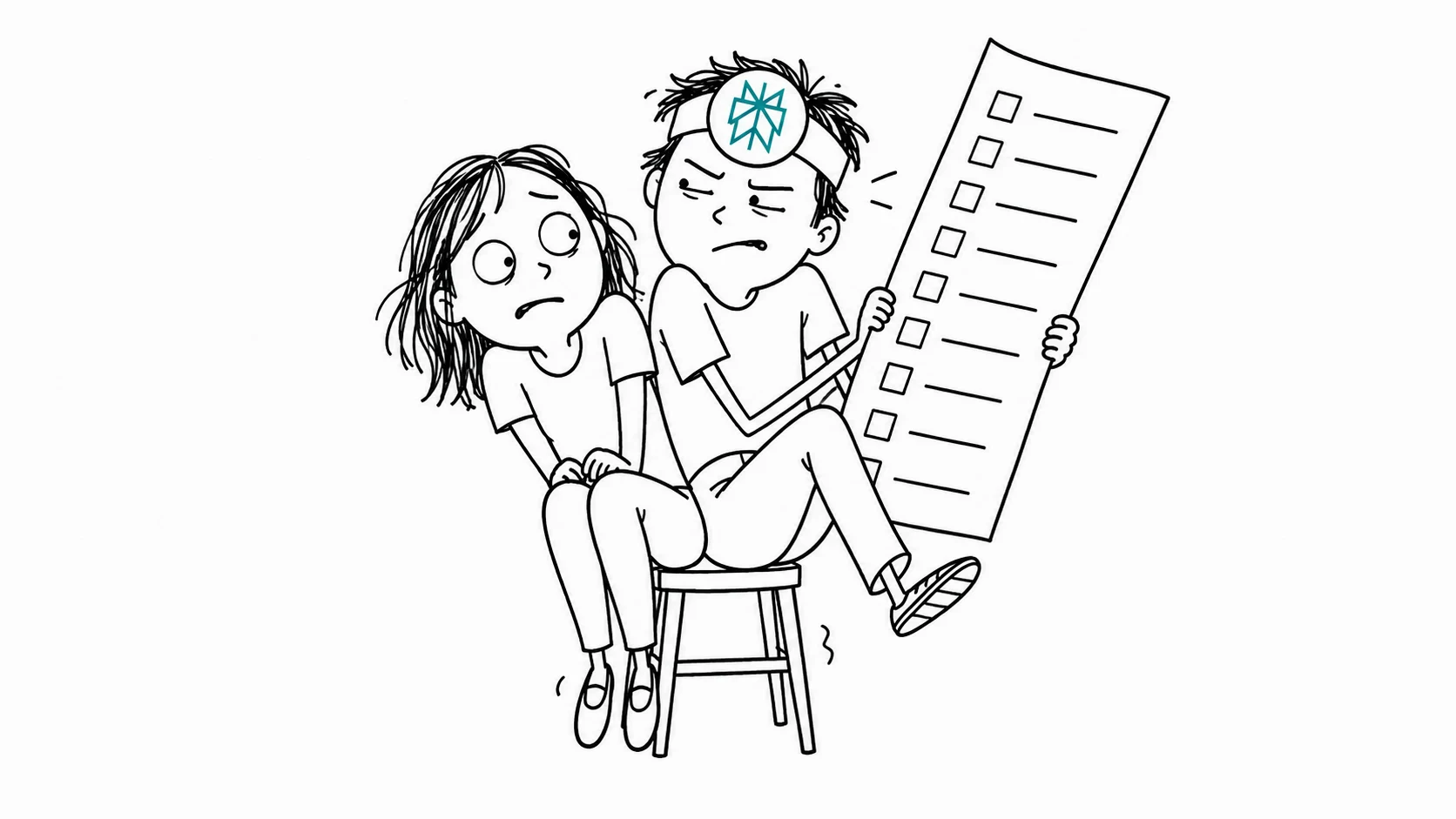 공유 요금제 절차를 확인하기 위해 작은 의자에 두 사람이 함께 껴앉아 있는 그림.