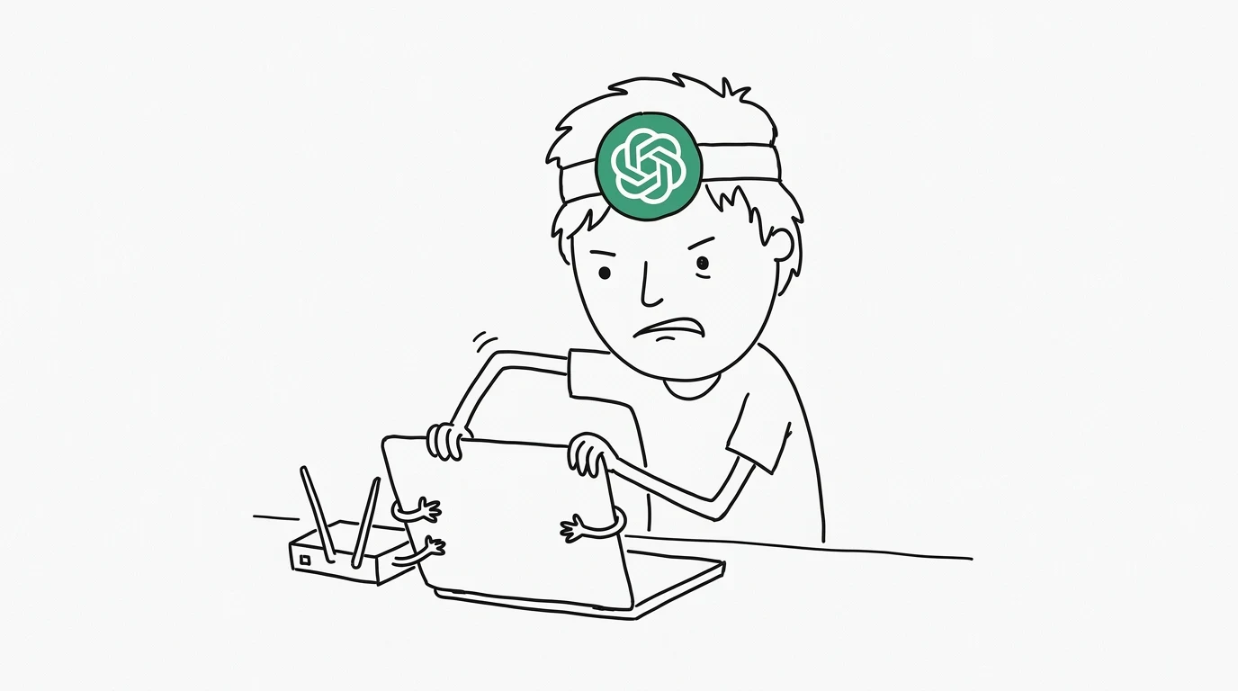 A frustrated teen tries to open a laptop while a router's tiny arms hold it shut.