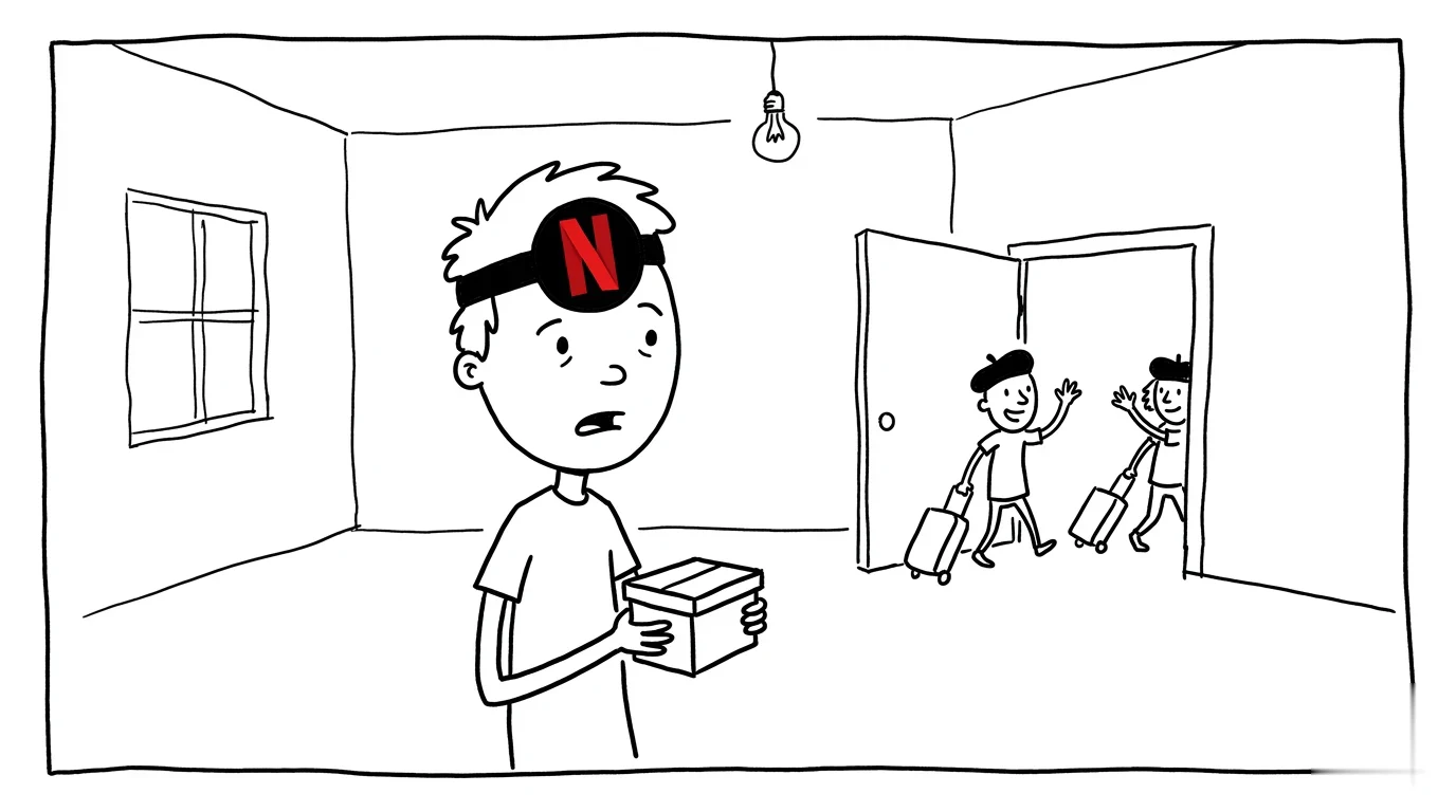 A baffled person holds a small box as two tiny directors roll suitcases out through two different doors.