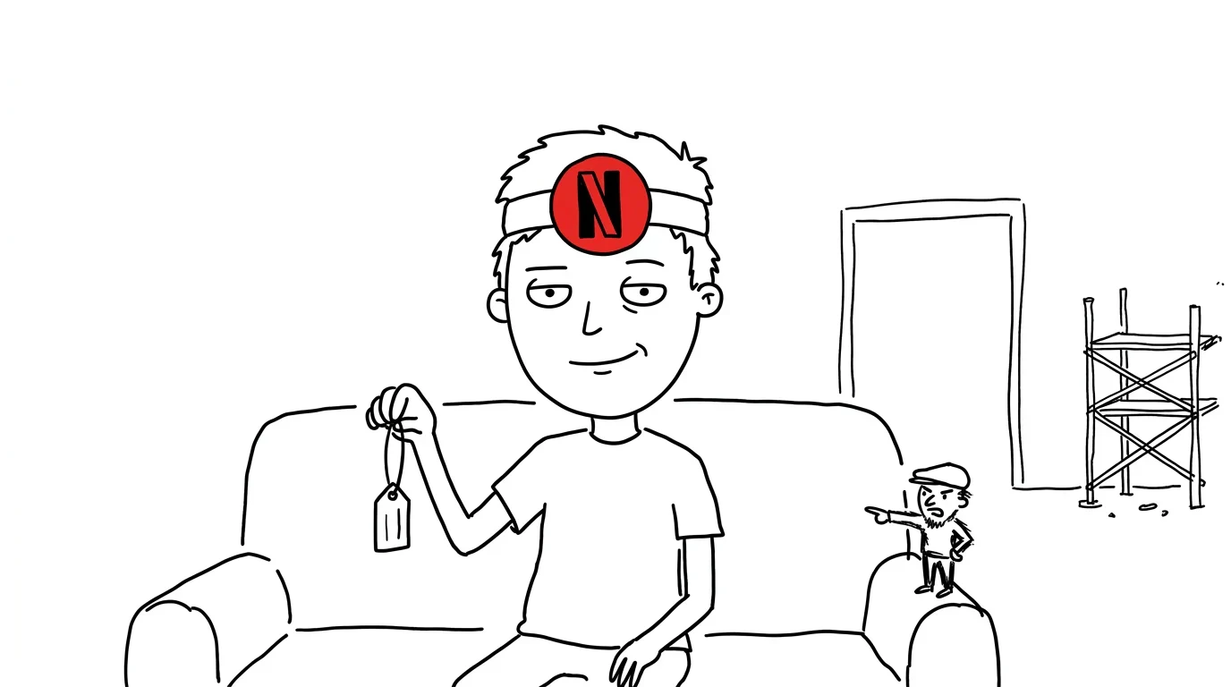 A relaxed person on a couch holds a key tag while a tiny landlord points and an unfinished scaffold stands nearby.