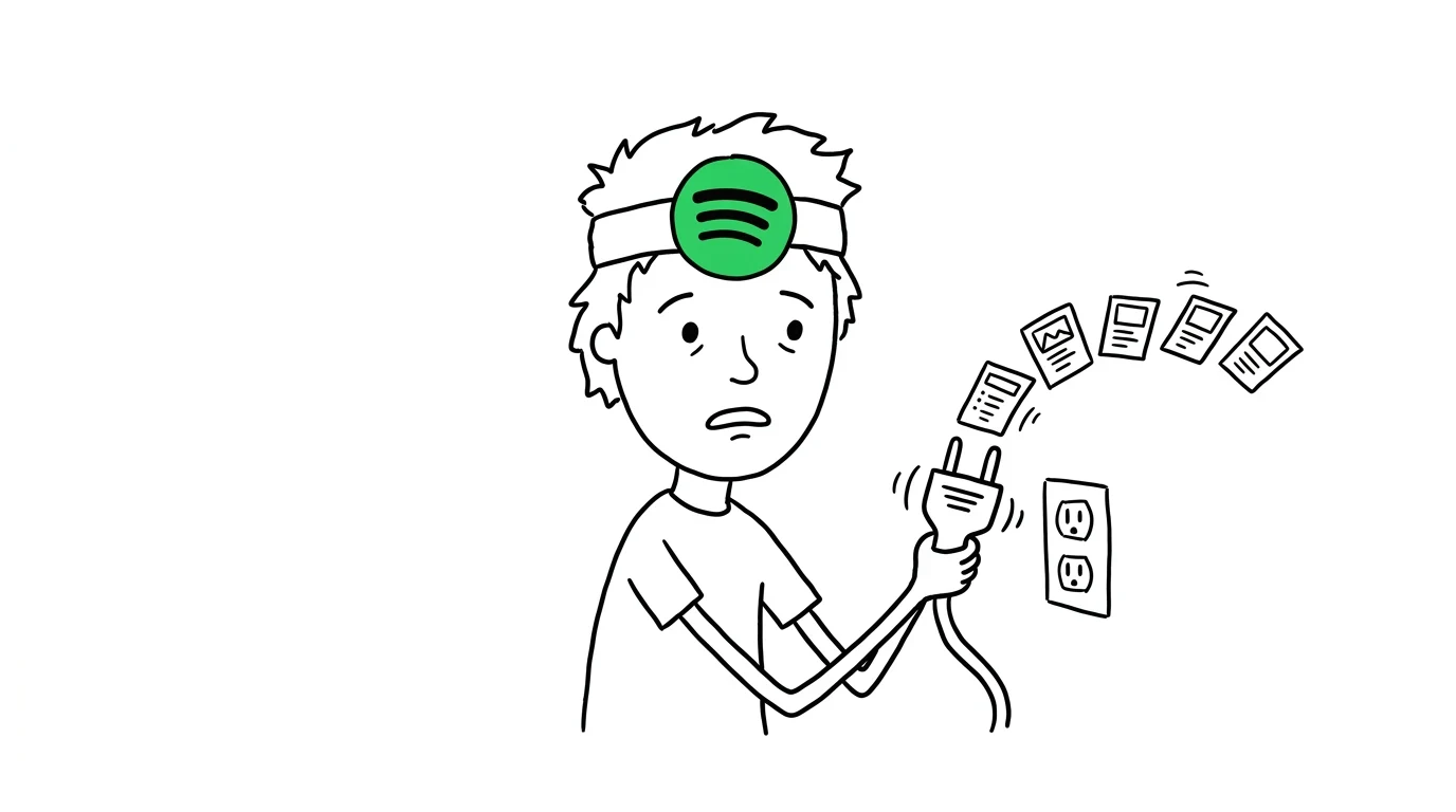 A panicked person jiggles a loose plug as small paper cards flutter off a jukebox-shaped box.