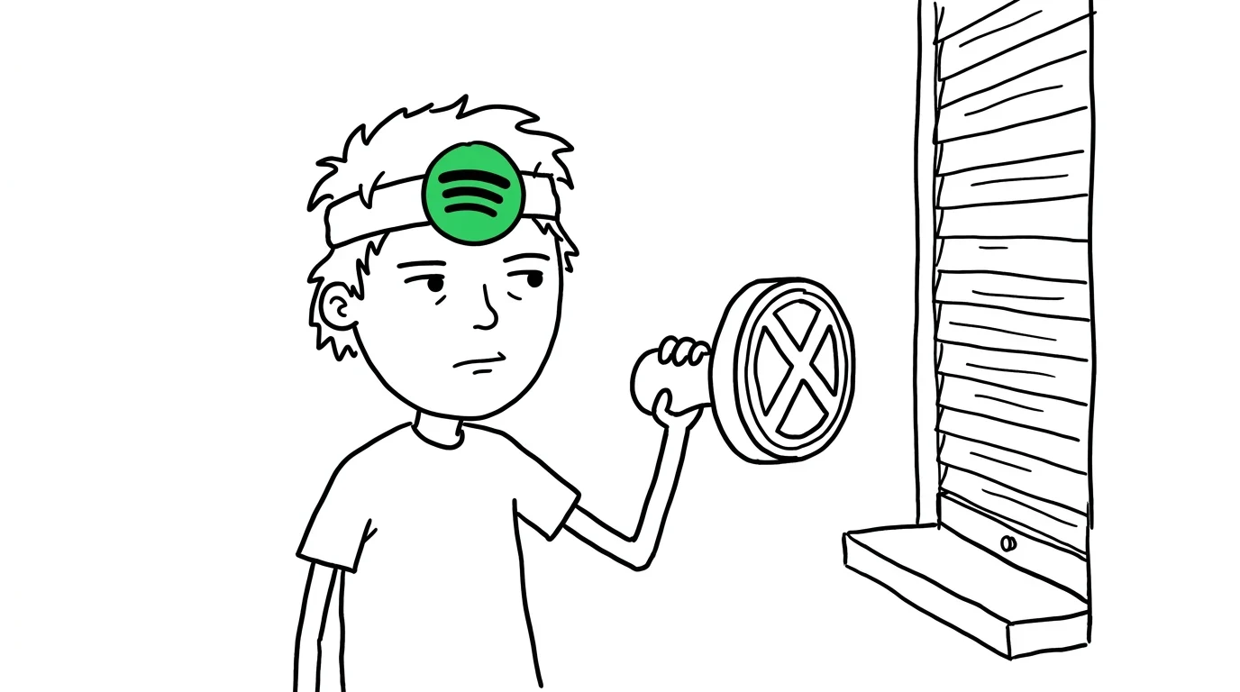 A skeptical person holds a large stamp toward a closed service window with its shutter down.