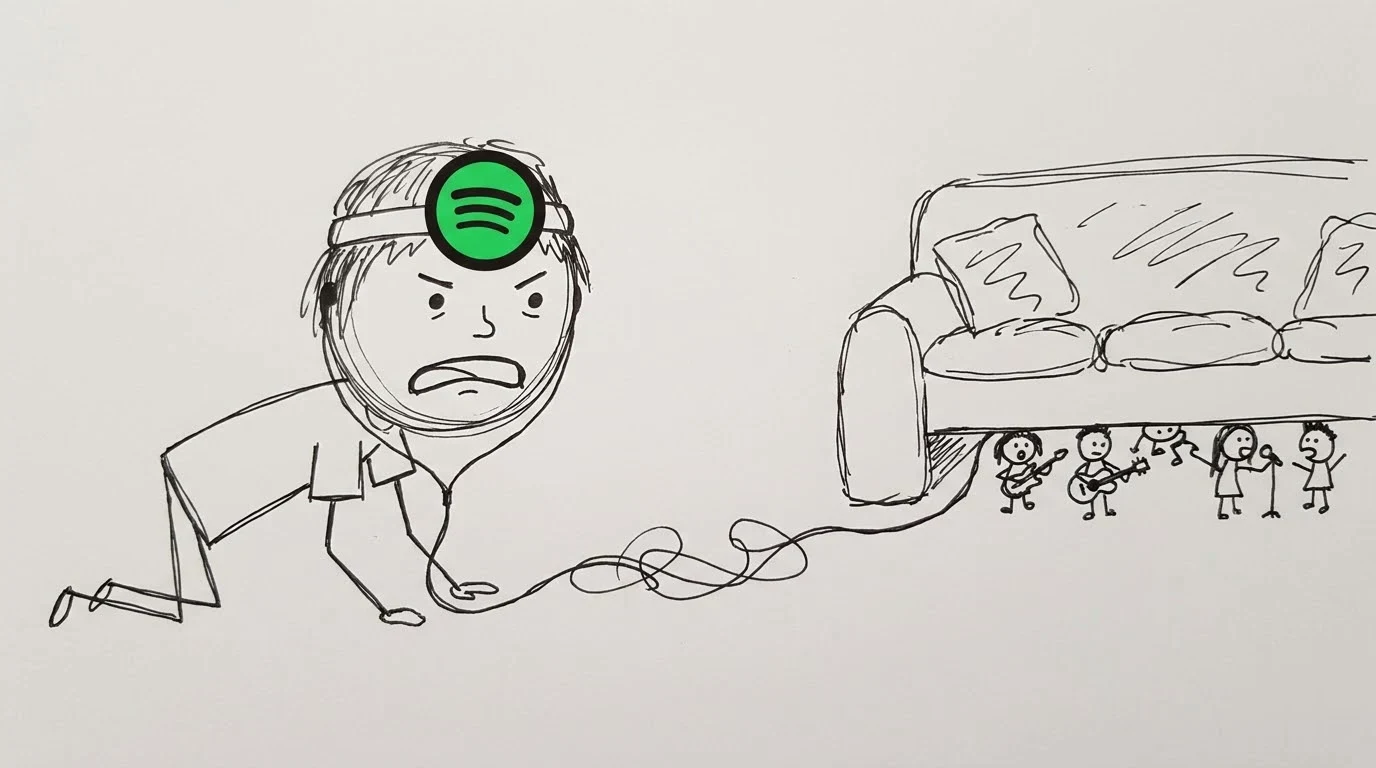 A frustrated person finds tiny performers hidden between couch cushions by following a headphone cable.