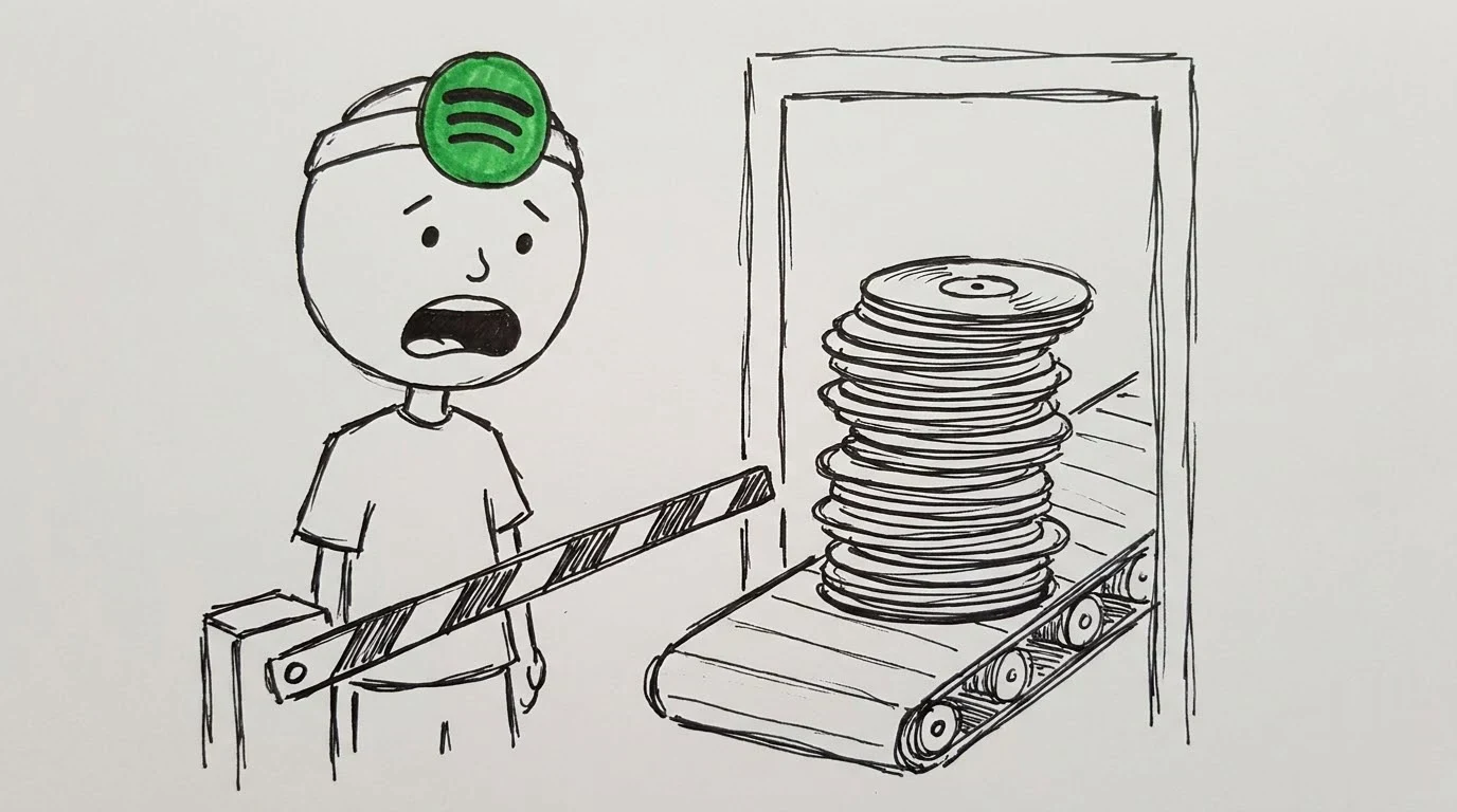 A shocked person watches records enter a doorway on a conveyor belt while a barrier blocks their path.