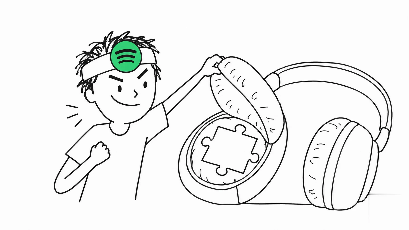 A triumphant person lifts a headphone cushion and discovers a blank puzzle-shaped card underneath.