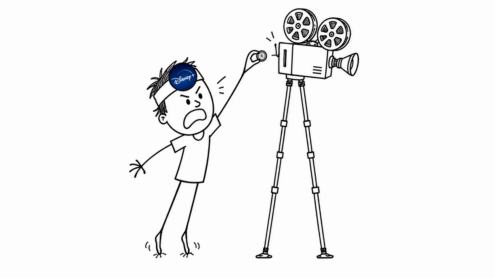 A messy-haired person stands on tiptoe to reach the coin slot of a movie projector on absurdly tall legs.