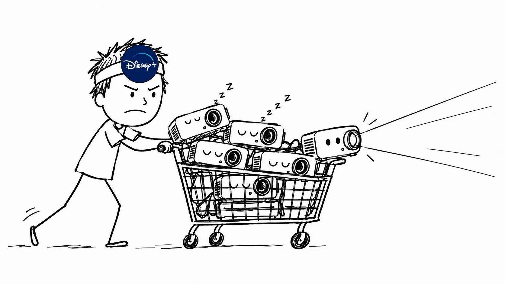 A messy-haired person pushes sleeping movie projectors in a cart while a lone active projector shines ahead.