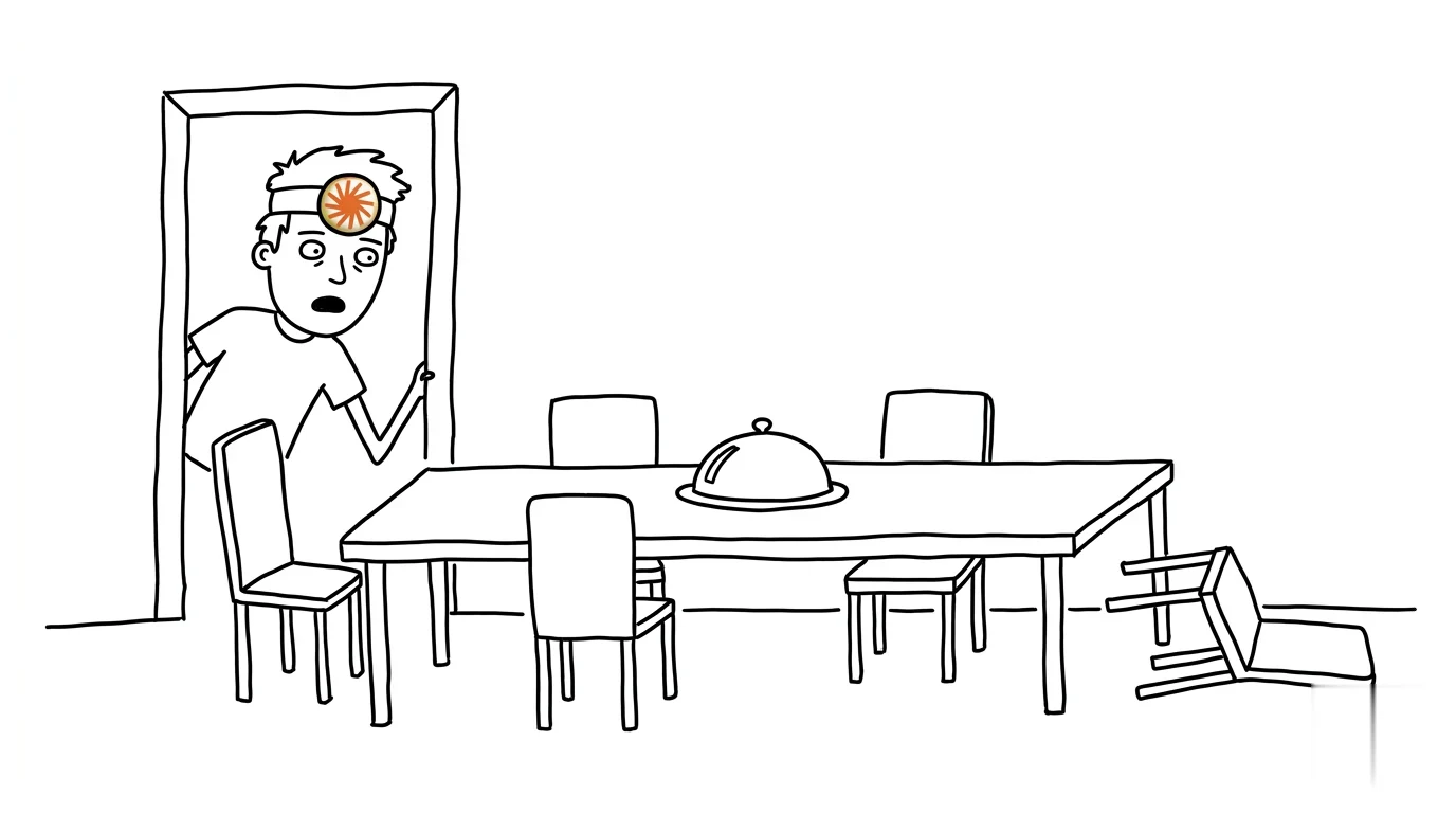 긴 식탁에 마주 놓인 두 의자와 쓰러진 의자 하나를 놀란 얼굴로 들여다보는 사람