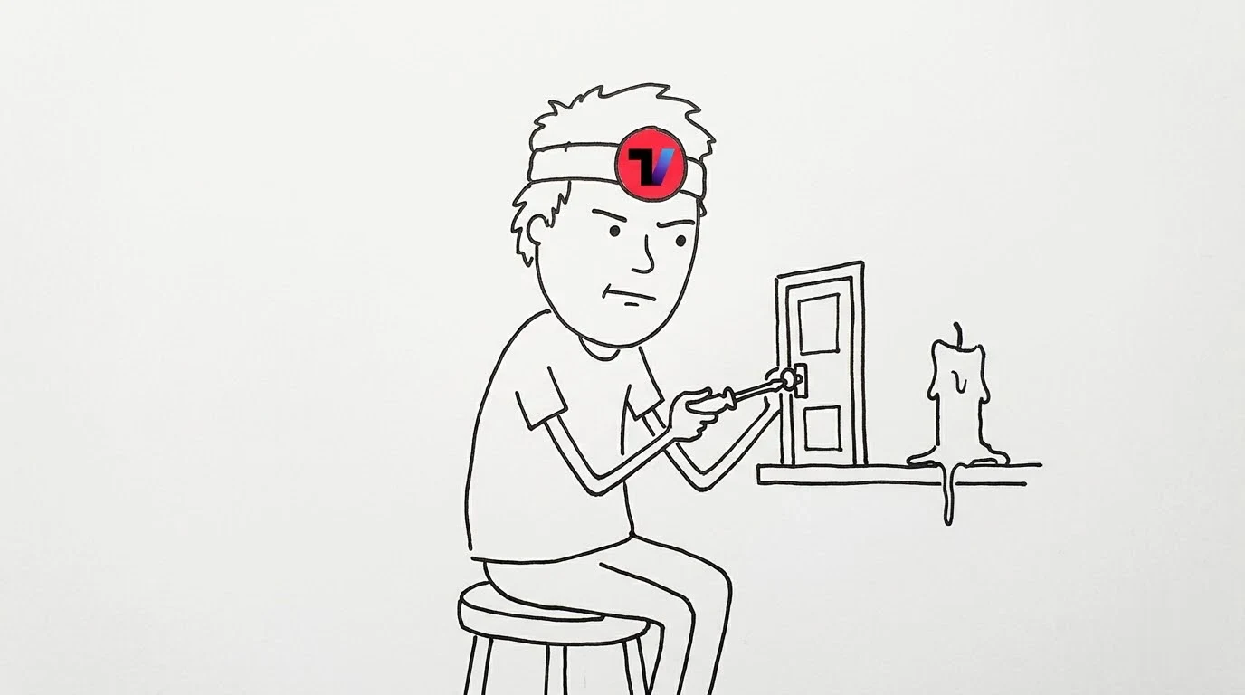 녹아내리는 초 옆에서 작은 문의 손잡이를 직접 교체하는 사람