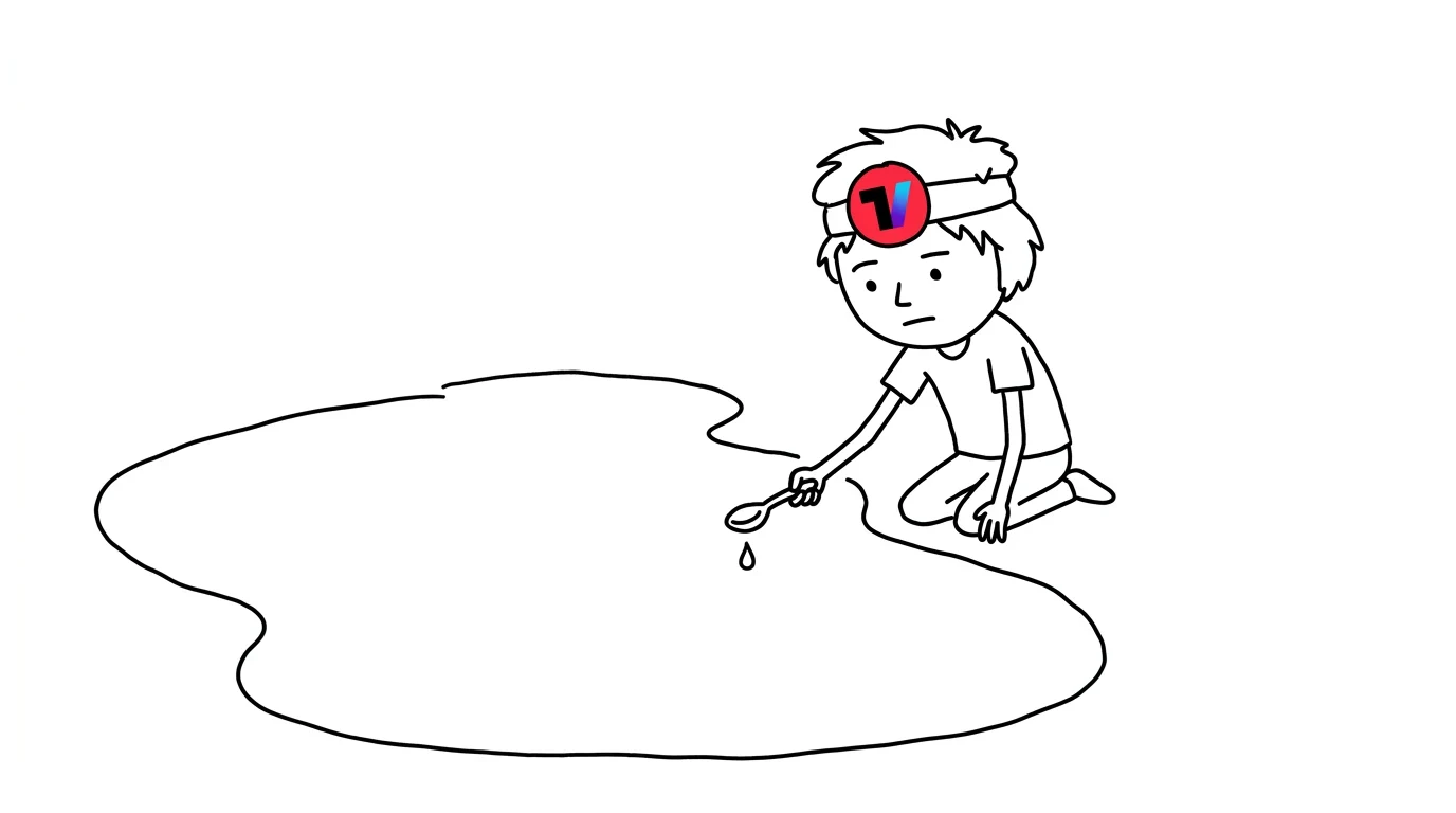 헝클어진 머리의 사람이 거대한 물웅덩이 앞에 무릎을 꿇고 작은 숟가락으로 물 한 방울을 뜨며 의아한 표정을 짓습니다.