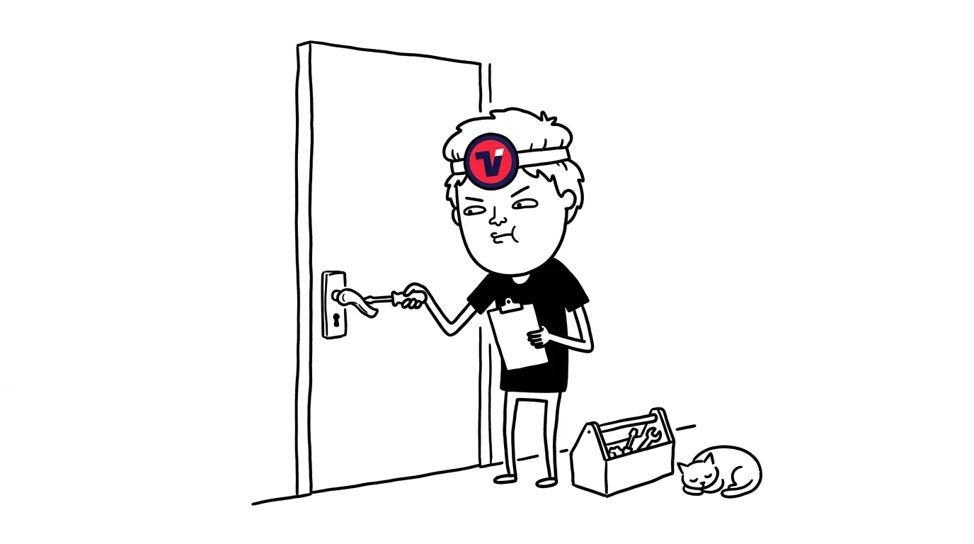 머리가 헝클어진 사람이 문손잡이를 새것으로 교체하며 단호한 표정을 짓고 있는 모습입니다.