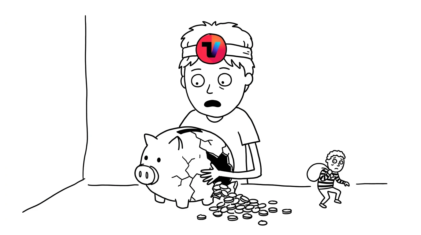머리가 헝클어진 사람이 깨진 돼지저금통에서 동전이 쏟아지는 것을 보고 놀라는 그림입니다.