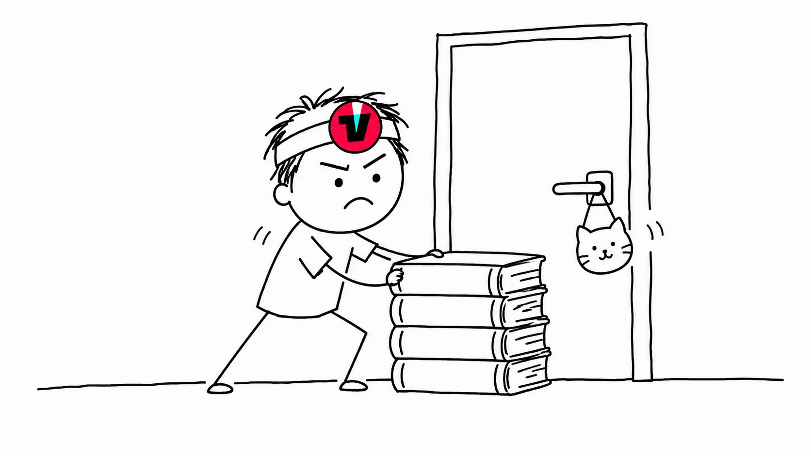 머리가 헝클어진 사람이 문 앞에 똑같은 두꺼운 책 네 권을 쌓아 길을 막으며 단호한 표정을 짓고 있습니다.