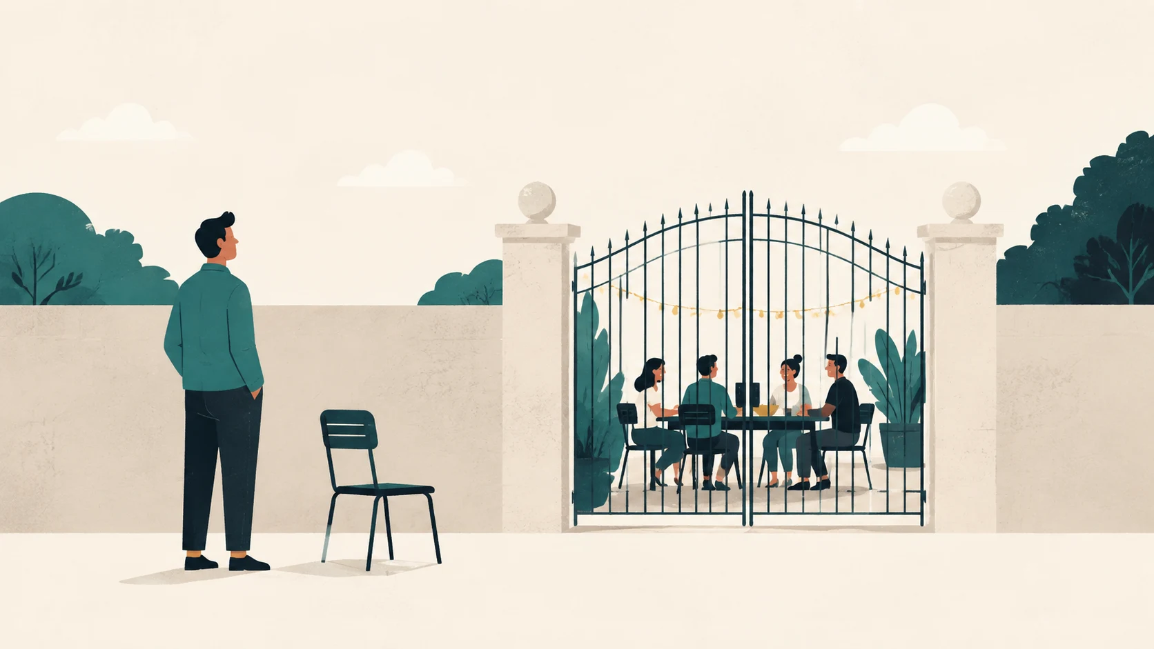 A figure and an empty chair outside a closed gate, with others seated at a shared table beyond it.