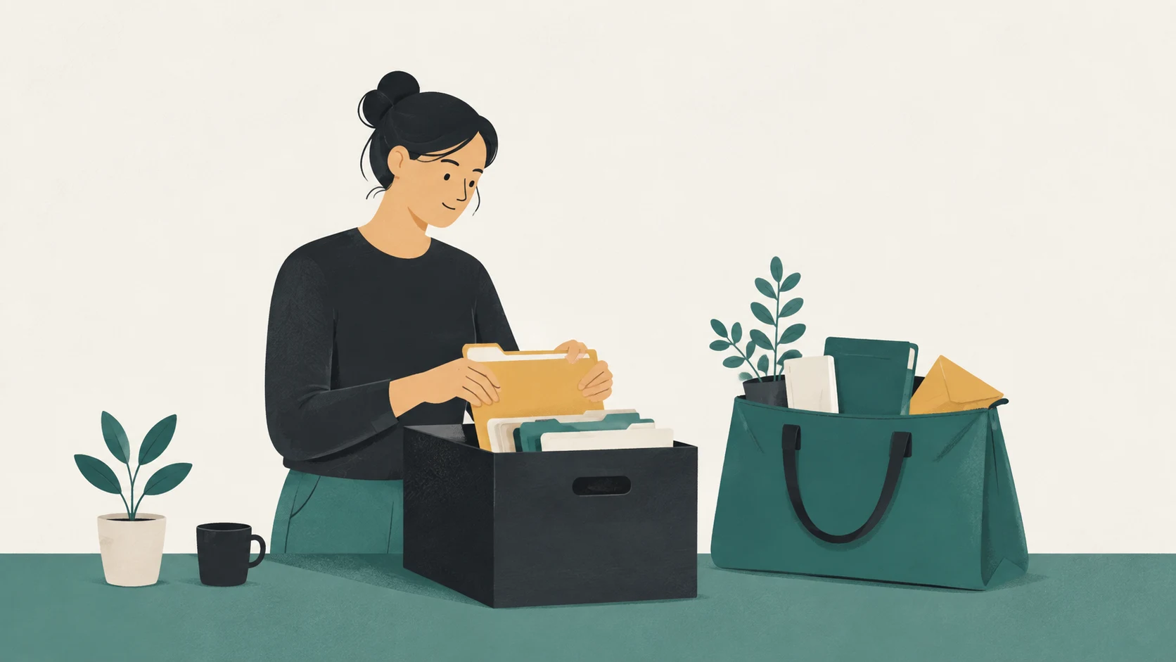 A figure packs paper folders into a storage box beside a bag on a desk.