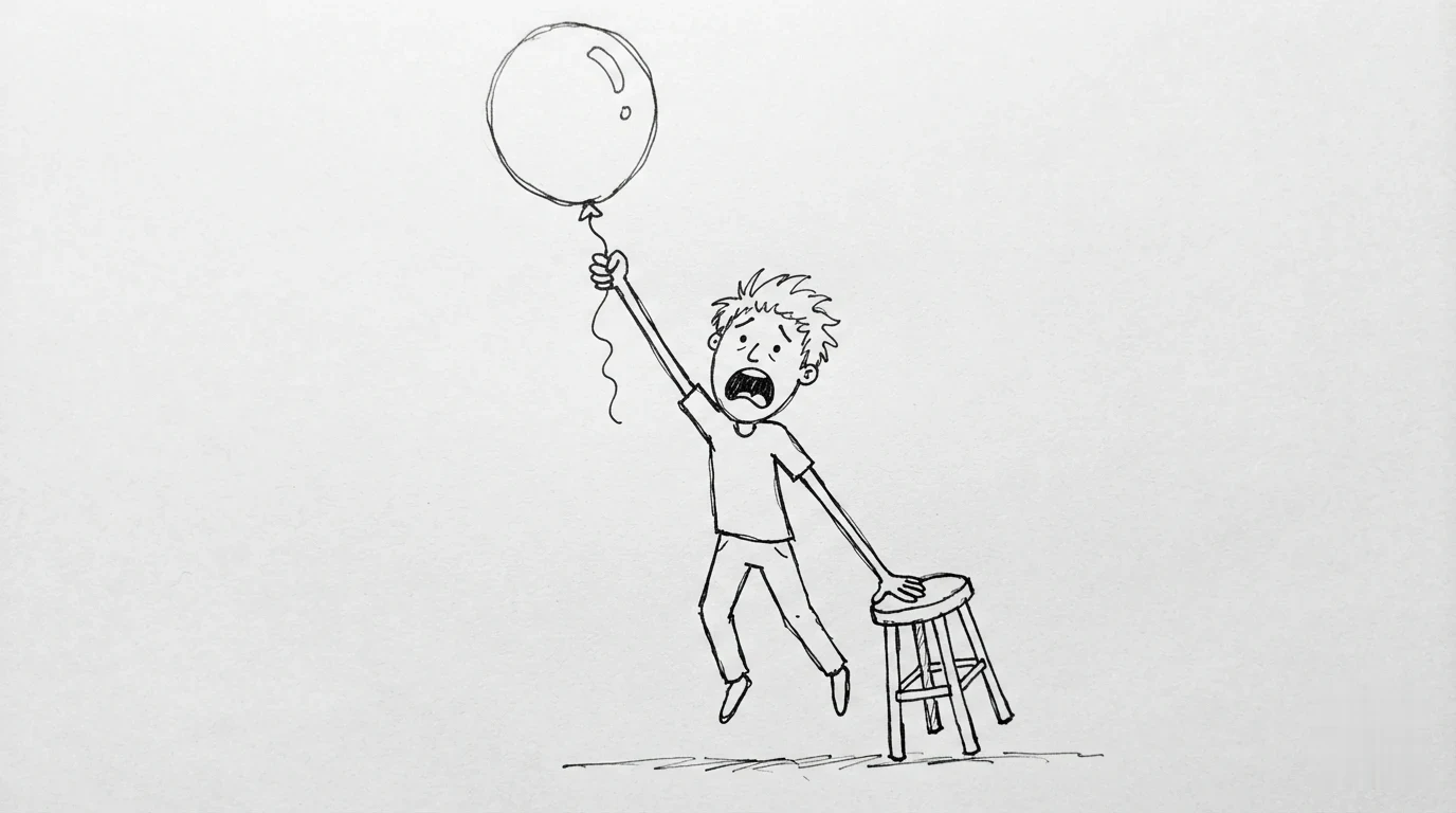 A person with messy hair is pulled upward by a floating balloon while holding onto a small grounded stool.