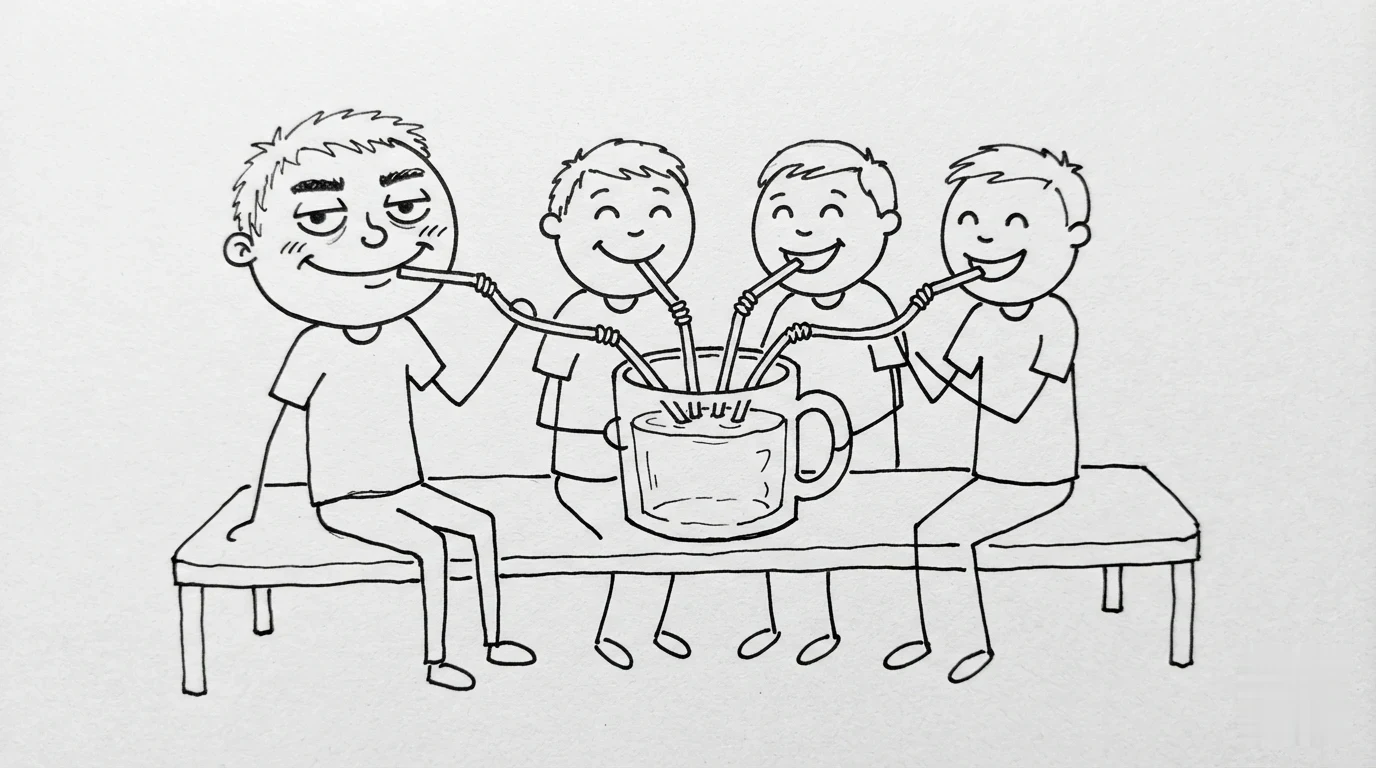 A messy-haired person and three friends share one large mug using four long bendy straws.