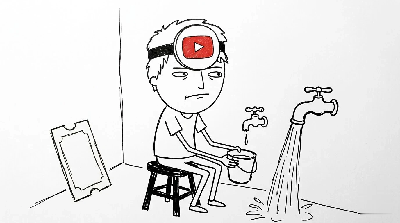 한 사람이 작은 수도꼭지 아래에 양동이를 받치고, 옆에서는 큰 수도꼭지가 바닥으로 물을 쏟는 모습입니다.